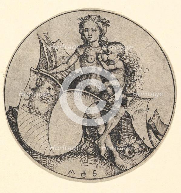 Wild Woman Holding a Shield with a Lion's Head, ca. 1435-1491. Creator: Martin Schongauer.