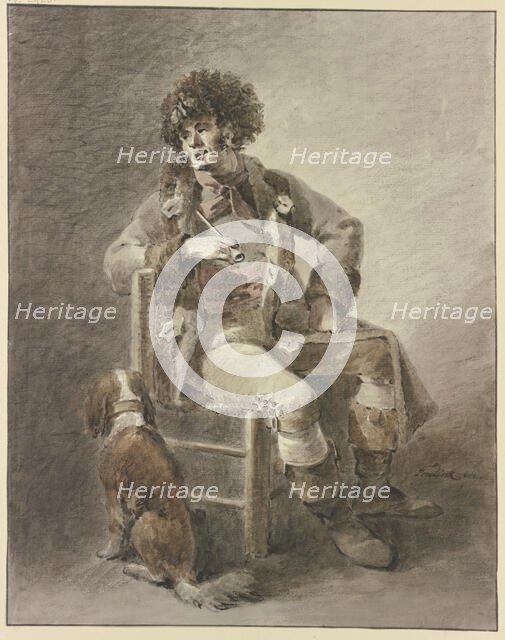 A man sits on a chair with a pipe in his hand, a dog beside him. Creator: Abraham Teerlink.