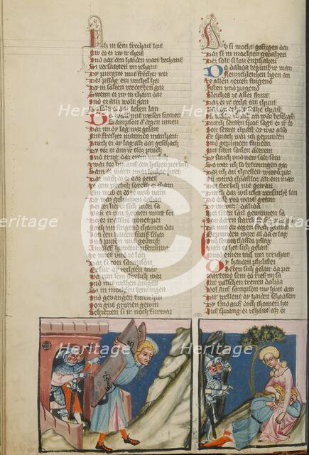 Samson Carrying Off the City Gate of Gaza: Delilah Tying Up Samson; Weltchronik, about 1400-1410. Creator: Unknown.