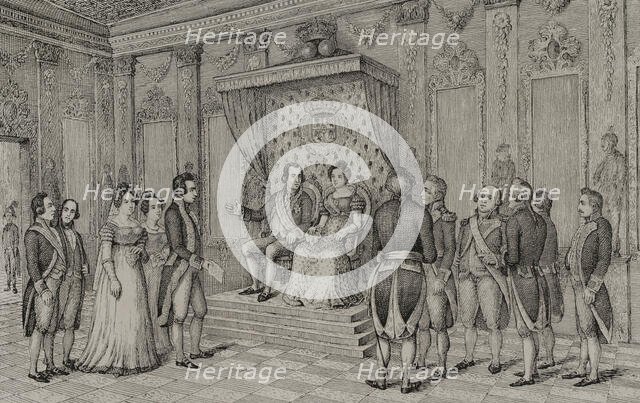 Manuel Godoy in the presence of Charles IV and Maria Luisa of Parma, c1801, (1851). Creator: Unknown.