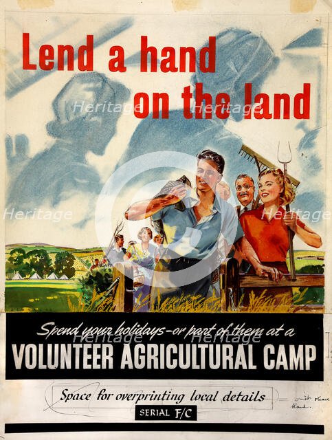'Lend a hand on the land. Spend your holidays - or part of..., WWII poster, between 1939 and 1946. Creators: Central Office of Information, Michael O'Connell.