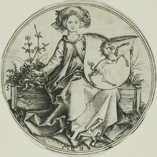 Shield with a Unicorn, Held by a Lady, 1480/90. Creator: Martin Schongauer.