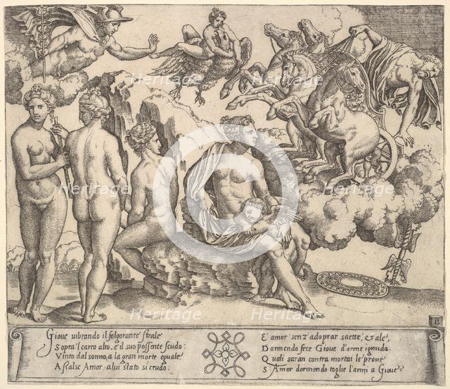 Jupiter tumbling from a horse-drawn carriage at right, Ganymede in the form of an eagle..., 1530-60. Creator: Master of the Die.