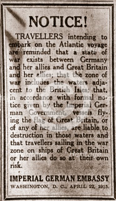 Notice to passengers planning to make transatlantic journeys, 1915. Artist: Unknown