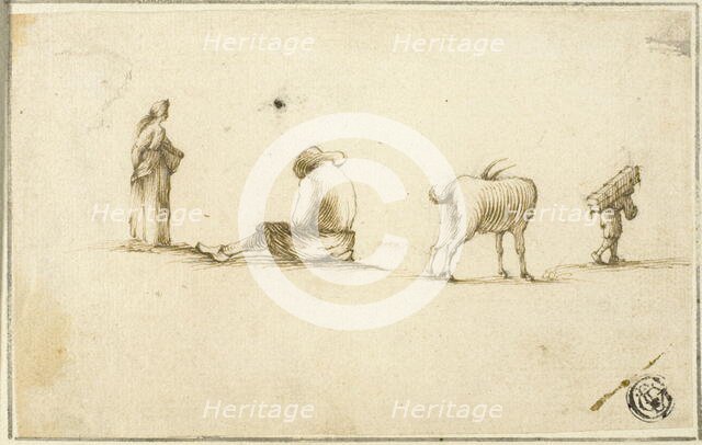 Sketches of Standing Woman, Seated Man, Goat, and Man Carrying Box on Back, n.d. Creator: Unknown.