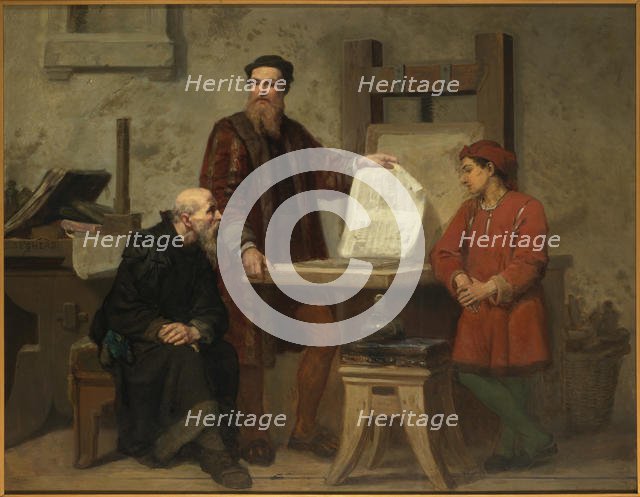The invention of the art of printing (or Gutenberg at work), Mid of the 19th cen.. Creator: Seghers, Corneille (1814-1869).