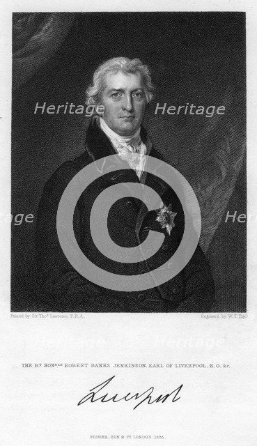 Robert Jenkinson, 2nd Earl of Liverpool, British politician and Prime Minister, (1835).Artist: William Thomas Fry