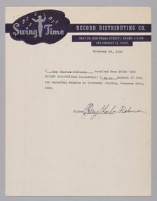 Receipt for payment for a recording session signed by Ray Charles, November 24, 1950. Creator: Unknown.