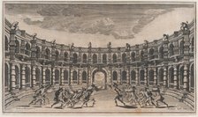 Amphitheater with two groups of soldiers running toward each other; set design from 'Il Po..., 1668. Creator: Mathäus Küsel.