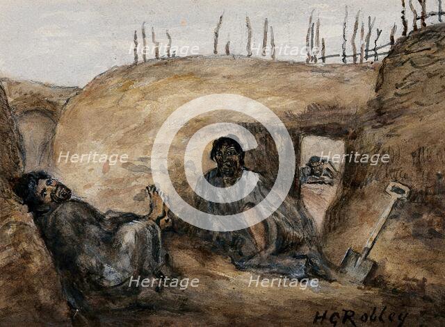 Maori warrior Reweti and a wounded comrade in the Gate Pa pits, 30 April 1864, (1864?). Creator: Major HG Robley.