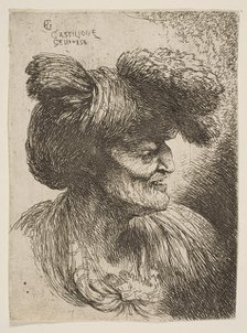 Bust of beardless old man in profile facing right, from the series of 'Small Head..., ca. 1645-1650. Creator: Giovanni Benedetto Castiglione.