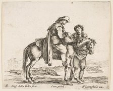 Plate 6: a peasant on horseback in profile facing the right, holding a basket and t..., ca. 1644-47. Creator: Stefano della Bella.