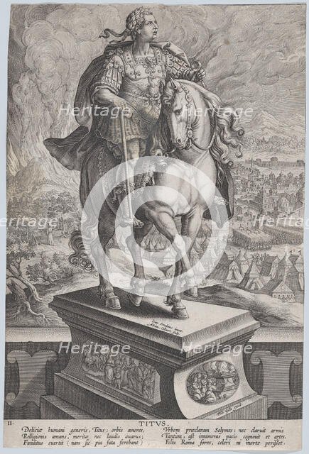 Plate 11: equestrian statue of Titus, seen three-quarters to the right, Mount Vesuv..., ca. 1587-89. Creator: Adriaen Collaert.