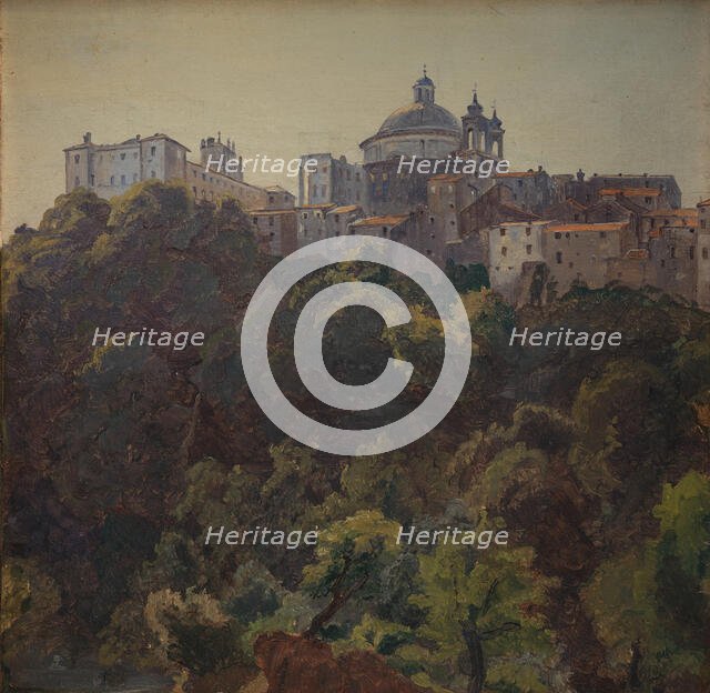 View towards Ariccia and the Palazzo Chigi and S. Maria dell'Assunzione, Italy, 1843-1847. Creator: Thorald Lessoe.