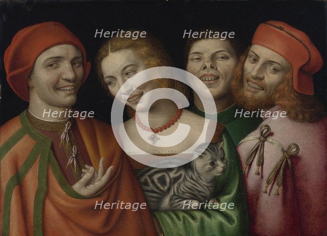 Three men with a woman holding a cat.