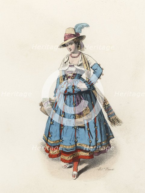 Peasant Woman from Lombardy, in the modern age, color engraving 1870.