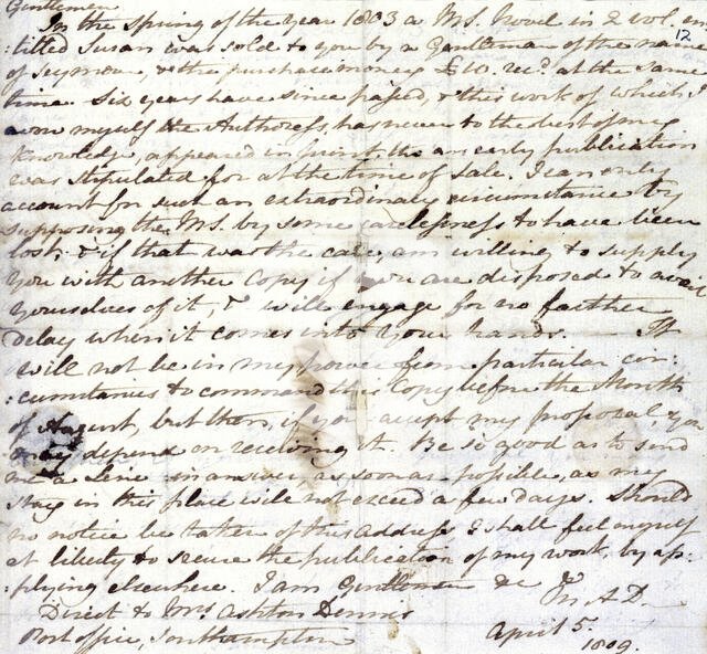 Jane Austen's draft copy of a letter to her publisher, Richard Crosby, 5 April 1809. Creator: Jane Austen.