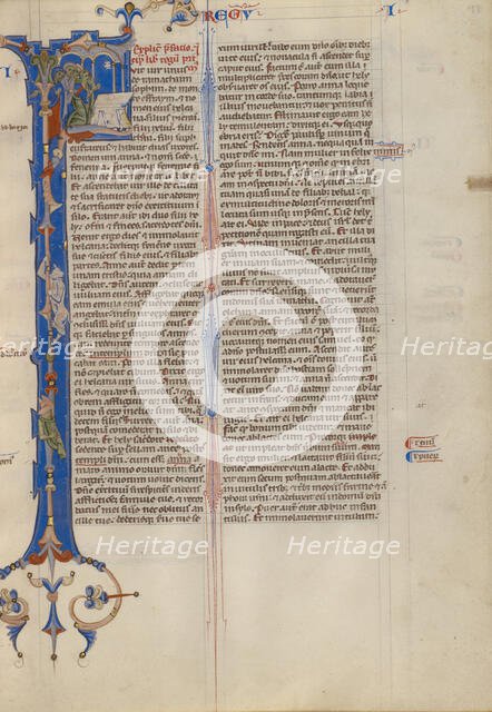 Initial F: Elkanah with Hannah and Peninnah in the Temple; Abbey Bible, about 1250-1262. Creator: Unknown.