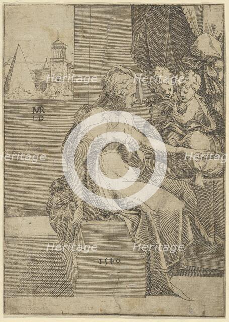 Seated woman with two children (Virgin with Christ and St John the Baptist?), 1540. Creator: Leon Davent.