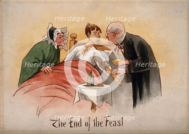 A patient poking out his tongue and having his pulse taken by a physician, c1895. Creator: Martin Anderson.
