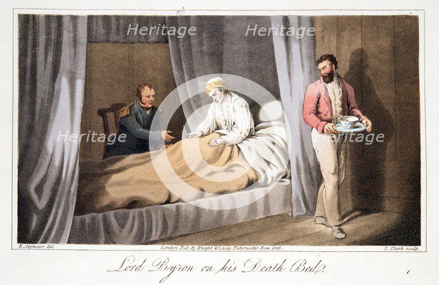 Lord Byron on his death bed, pub. 1825. Creator: Robert  Seymour (1798 - 1836).
