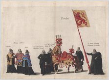 Plate 35: Men with heraldic flags and horses from Charolois marching in the funeral proces..., 1623. Creator: Cornelis Galle I.