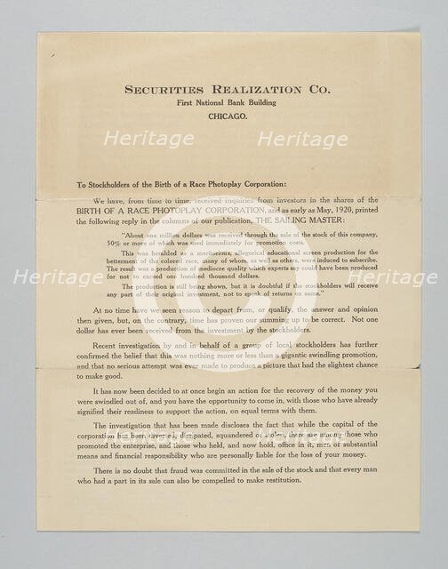Letter regarding the Birth of a Race Photoplay Corporation, 1922. Creator: Unknown.
