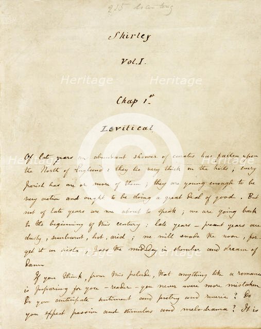 The first page of the manuscript of "Shirley", c1849. Creator: Charlotte Bronte.