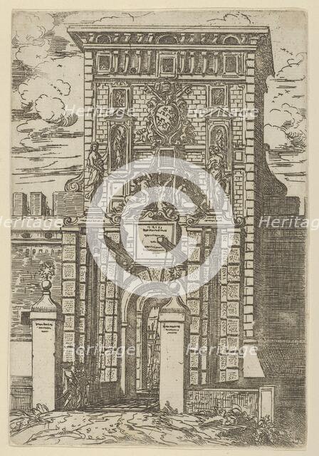 The Porta Galliera, the entrance gate to Bologna and drawbridge with temporary decorations..., 1598. Creator: Guido Reni.