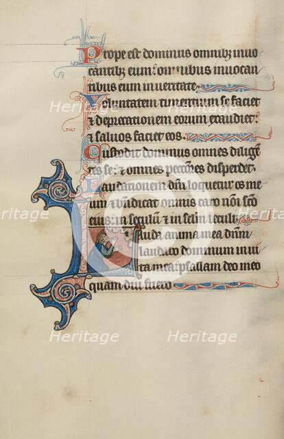 Initial L: A Kneeling King Raising His Hands to Heaven; Bute Psalter, about 1285. Creator: Bute Master.