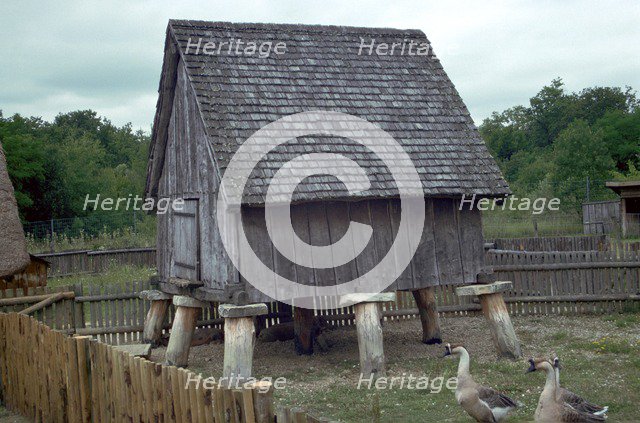Reconstruction of a Celtic iron-age barn. Artist: Unknown