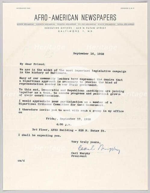 Letter from Carl Murphy and Afro-American Newspapers, September 16, 1958. Creator: Unknown.