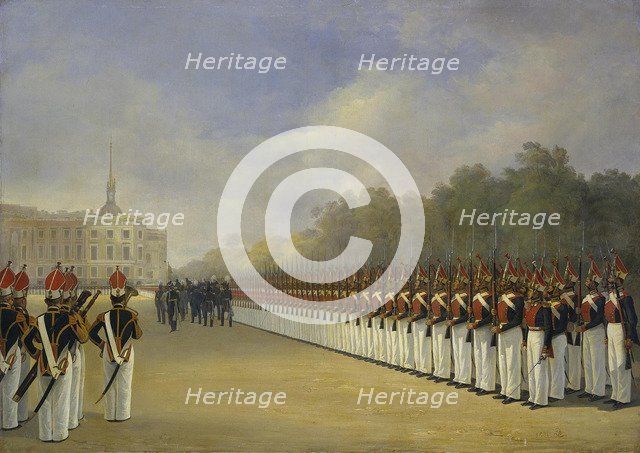 Parade of the Pavlovsky Guard Regiment on the Field of Mars in Saint Petersburg, 1830s. Artist: Ladurner, Adolphe (1798-1856)