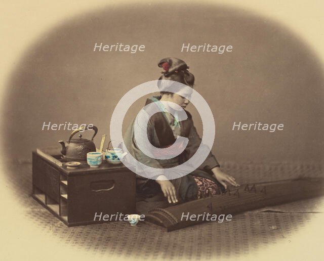 Woman with Tea Set Playing the Koto, ca. 1860. Creator: Felice Beato.