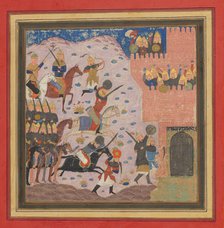 Kai Khusrau, Gudarz and Giv Capturing the Demon's Fortress, Bahman (?)..., ca. 1430-40. Creator: Unknown.
