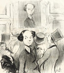 Charmé de se voir exposé, l'original ici présent conduit son épouse au salon..., 1841. Creator: Honore Daumier.