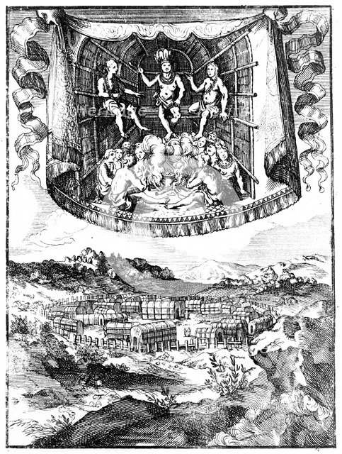 Chief Wahunsonacock smoking in his hut, 1686. Artist: Unknown