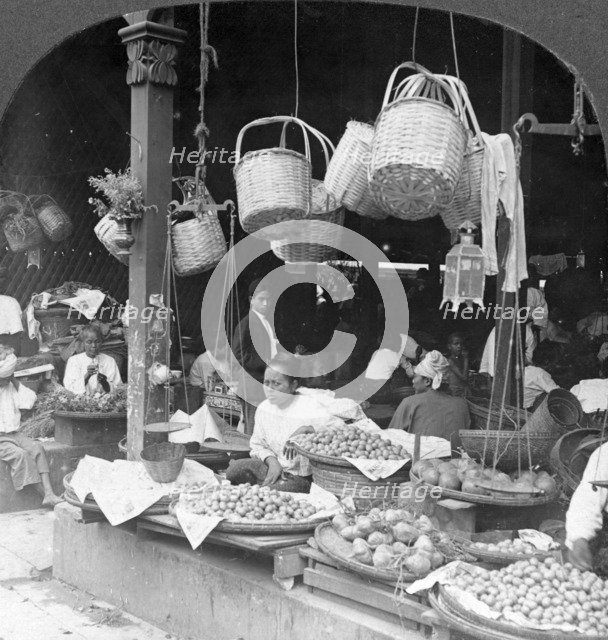Shops in a native market, Rangoon, Burma, 1908. Artist: Stereo Travel Co