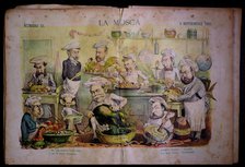 Satirical caricature of the government ministers in the kitchen, published in 'La Mosca', No. 32,…