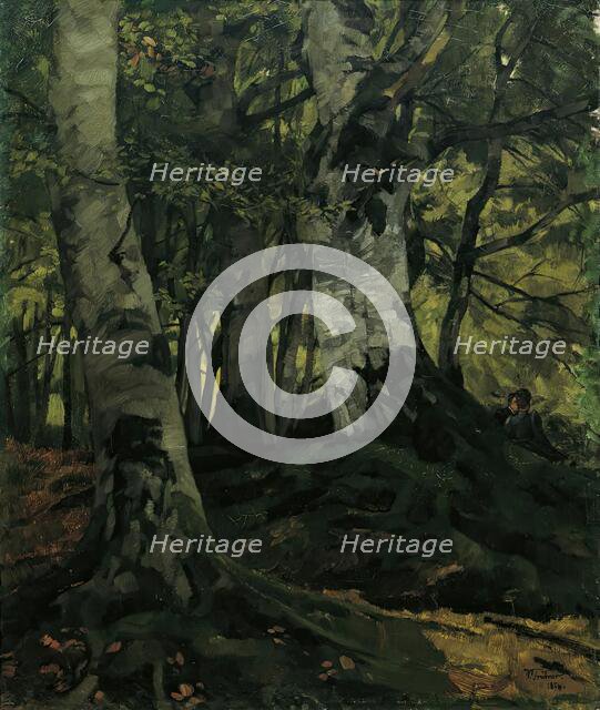 Beech forest with lovers, 1876. Creator: Wilhelm Trübner.
