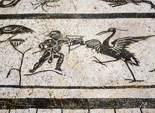Faun fighting with birds, detail of a mosaic in the city of Italica, founded in 206 BC by Publio …