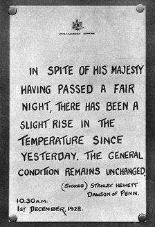 Bulletin of the King's medical progress fixed to the palace railings, 1928, (1935). Artist: Unknown