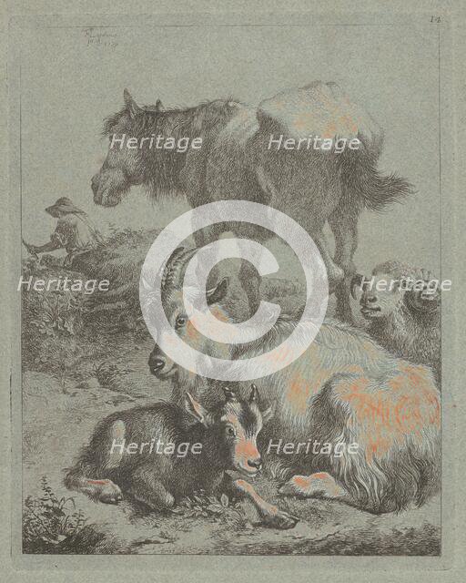 Horse, Ram, Goat with Kid; In the Distance a Shepherd with Flock, 1759. Creator: Francesco Londonio.