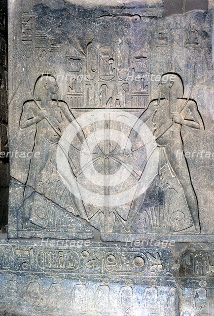 Relief of two figures of Hapy god of the Nile, Temple sacred to Amun Mut & Khons, Luxor, Egypt. Artist: Unknown