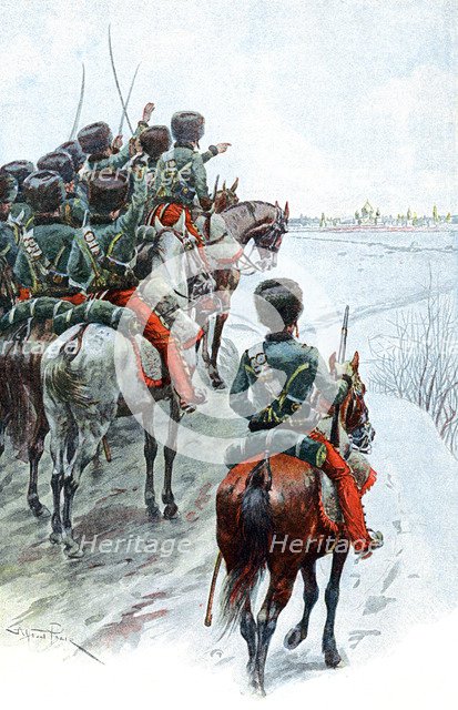 Napoleon's Grande Armee catching sight of Moscow, 1812 (late 19th century). Artist: Unknown