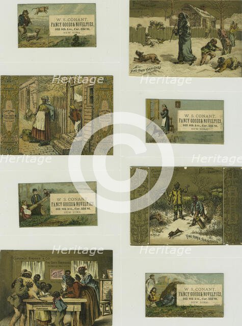 Trade cards depicting a cat playing the fiddle, a cow jumping over the moon..., ca,1876 - 1890. Creator: Unknown.