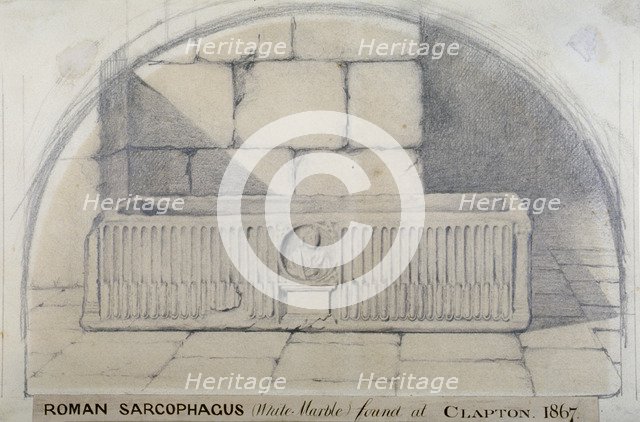 Roman marble sarcophagus found at Clapton in 1867, carved with a medallion relief of figure, 1872. Artist: Anon
