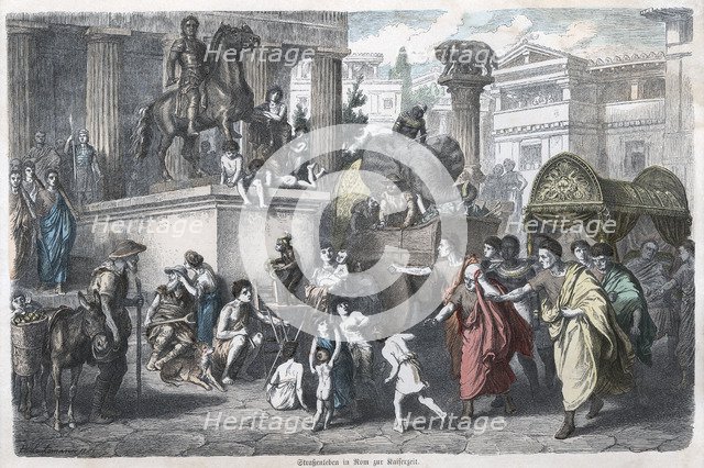 Ancient History. Rome. Scene in a Roman street. German engraving, 1865.