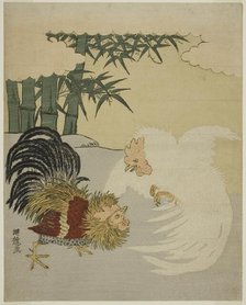Cocks Fighting near Bamboo Grove, c. 1770s. Creator: Isoda Koryusai.
