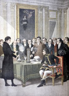 Alessandro Volta, demonstrating his pile (battery) to Napoleon, (c1800) 1901. Artist: Unknown